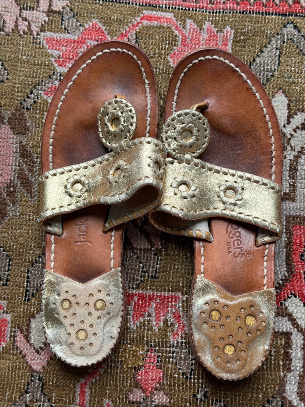 Jack Rogers Metallic Gold Leather Thong Sandals